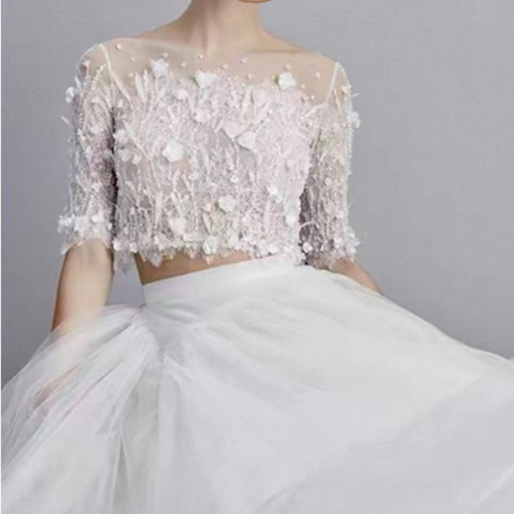 Elegant Sheer Floral Embroidered Crop Top and Skirt Set